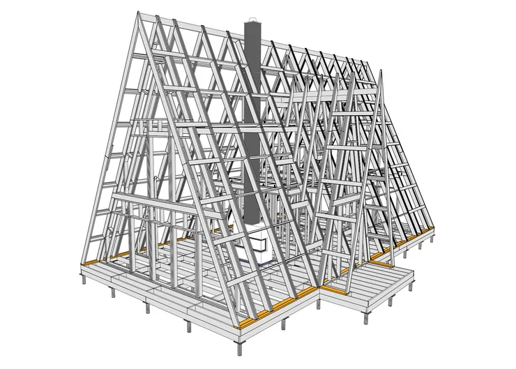 Пример конструкции дома⁠-⁠шалаша. В проекте обычно есть 3D⁠-⁠визуализация устройства деревянного каркаса